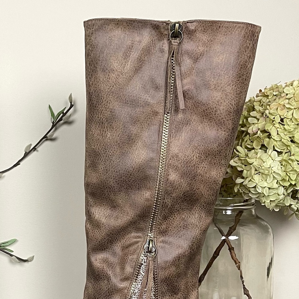 Not Rated Sassy Classy Zipper Lace Inset Distressed Faux Leather Knee-High Boots - Picture 9 of 16